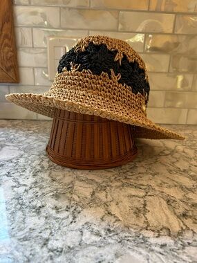 Steve Madden Tan Straw Bucket Hat with Black Woven Design